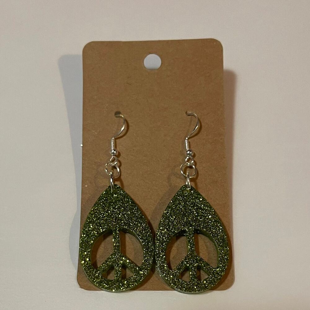 Handmade epoxy resin peace sign dangle earrings - lime green‎ glitter